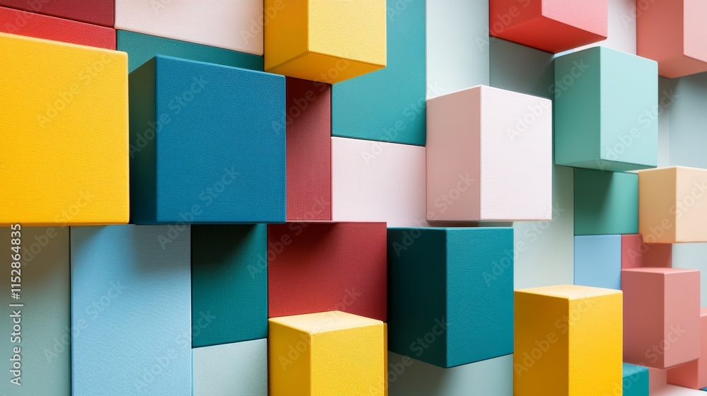 Poster a meticulously arranged block-building scene, colorful blocks artistically stacked and balanced, mod