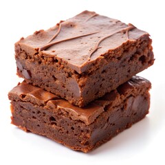 Two rich chocolate brownies sit piled on top of each other, showcasing their moist texture and glossy top. A perfect dessert for any occasion, tempting all who pass by