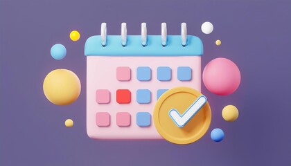 A colorful, stylized calendar icon with a checkmark, surrounded by abstract shapes, set against a purple background.