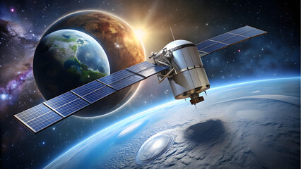 High-Tech Satellite Orbiting a Planet with Reflective Surface. Perfect for: Sci-fi events, space exploration day, technology fairs