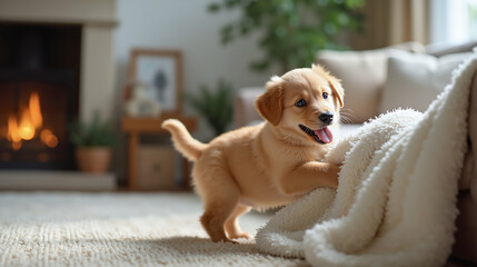 Adorable Golden Retriever Puppy Playfully Exploring Cozy Living Room with Fireplace