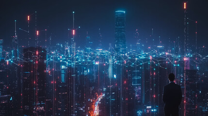 Fototapeta premium Smart digital city with connection cyber security network reciprocity over the cityscape . future smart wireless digital city and social media networking systems that connects people within the city