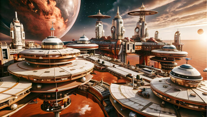 Futuristic Interstellar Port with Spaceships. Perfect for: Sci-fi expos, space exploration talks, futuristic designs
