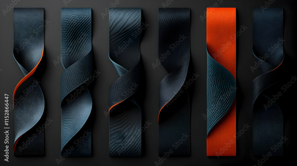 Poster twisted fabric ribbons, abstract dark hues & texture, intertwined design elements create visual inte