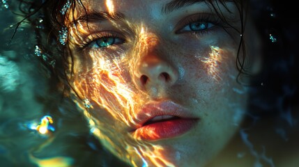 Close-up of a woman's face under water, with a relaxed expression. Colorful light is reflecting on her skin and lips, creating a rainbow prismatic lighting effect.