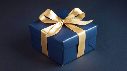 Obraz premium Dark blue gift box with gold ribbon on dark background. Festive concept for Birthday, holiday or Christmas present with copy space
