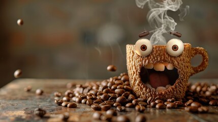 Obraz premium Surprised Coffee Cup with Beans