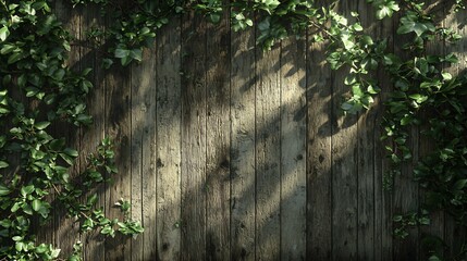 A rustic wooden fence draped in ivy showcases nature's resilience, with soft sunlight casting gentle shadows that accentuate the textures of the aged wood and lush greenery.