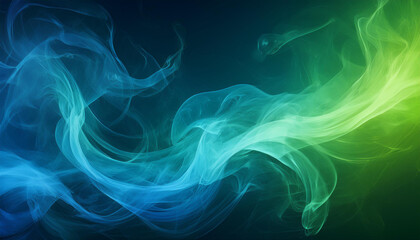 Fototapeta premium Green-blue smoke in neon light on black background.