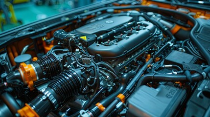 Close-up of a Modern Car Engine's Intricate Internal Components