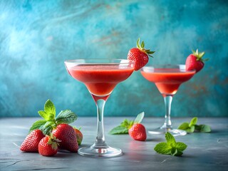 Two elegant cocktails filled with luscious strawberry puree sit against a stunning blue background. Fresh strawberries and mint leaves adorn the glasses, inviting indulgence