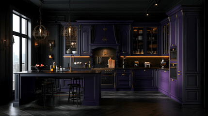 Dark Purple Gothic Kitchen Design, Elegant Cabinetry, Island, and Pendant Lighting Enhance the Luxurious Atmosphere.