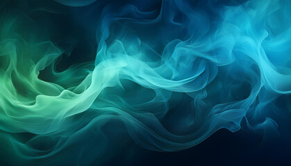 Fototapeta premium Green-blue smoke in neon light on black background.