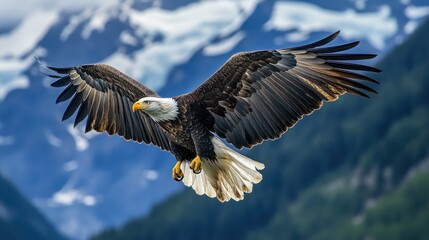 Obraz premium A mighty eagle flies high in the sky with its wings fully extended, clouds in the background. Ai generated image