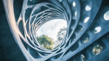 A modern architectural structure with a spiral design and open sky view.