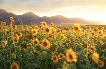 Fototapeta premium A field of sunflowers at sunset, with mountains in the background. The flowers have golden petals and green leaves that contrast beautifully against the warm sky. Sunflower colors are prominent in the