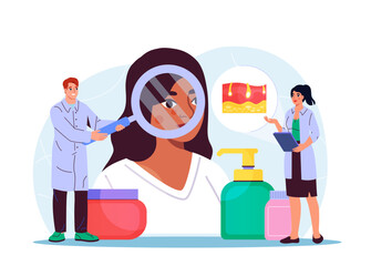 Team of dermatologists. Woman and man in medical uniform examining womens faces. Dermatology and cosmetology. Healthcare and medicine. Face lifting and facial cleansing. Flat vector illustration