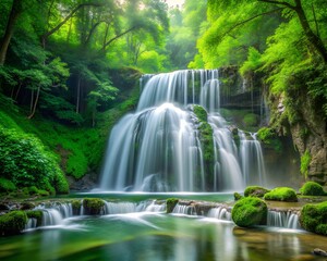 Obraz premium A stunning waterfall flows gracefully into a tranquil pool surrounded by vibrant greenery. Sunlight filters through the trees, creating an enchanting atmosphere in the serene forest