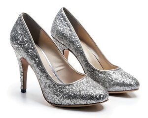 Obraz premium Shimmering silver high heels gleam with glitter as they stand elegantly, perfect for enhancing a stylish outfit at a celebration or night on the town