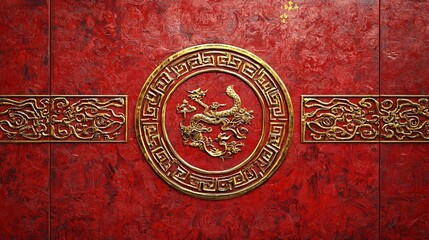 Elegant red Chinese wall panel featuring intricate gold carvings of traditional patterns, ideal for interior decoration, cultural exhibits, or design inspiration.