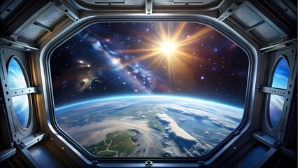 View from Spacecraft Window Overlooking Earth and Stars. Perfect for: Space Exploration Events, Sci-Fi Movie Nights, Planetariums