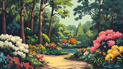 Serene Garden Path Leading to a Tranquil Forest Stream