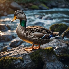 A duck with radiant, metallic fur perched on a rock in a sparkling fairy-tale river.
