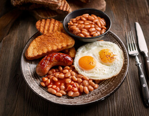 Fototapeta premium A traditional English breakfast features sunny-side-up eggs, grilled sausages, baked beans, and toasted bread served on a rustic plate against a wooden table.