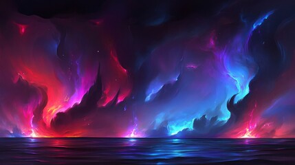 Celestial Seascape A Dreamlike Nightscape with Vibrant Nebulae