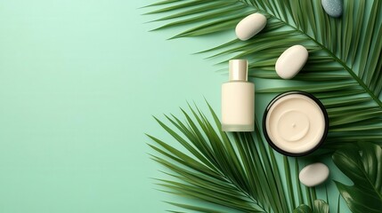 Hand cream and serum duo with palm leaves and cartoon stones, playful and fun decoration, skincare, hand cream, product shoot, cartoon style