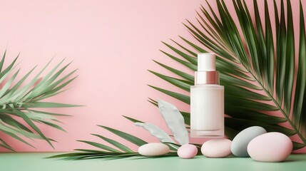 Hand cream and serum duo with palm leaves and cartoon stones, playful and fun decoration, skincare, hand cream, product shoot, cartoon style