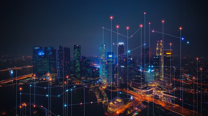Fototapeta premium Smart digital city with connection cyber security network reciprocity over the cityscape . future smart wireless digital city and social media networking systems that connects people within the city