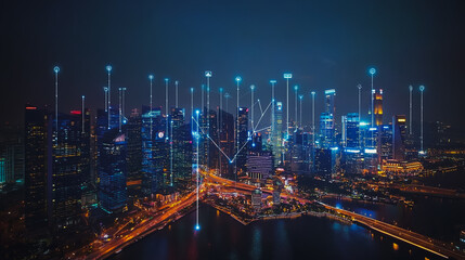 Obraz premium Smart digital city with connection cyber security network reciprocity over the cityscape . future smart wireless digital city and social media networking systems that connects people within the city