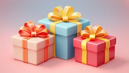 Obraz premium Three colorful gift boxes with bows on a soft gradient background, perfect for celebrations and special occasions.