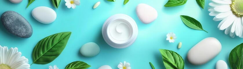 Hand cream with minimalistic herbs and leaves, stones and flowers in cartoon style, bright and colorful background, hand cream, skincare, cute style, product shoot