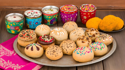 Assorted Indian sweets and colorful diyas on a wooden table, for Diwali celebration or festival of lights, with traditional desserts and decorations