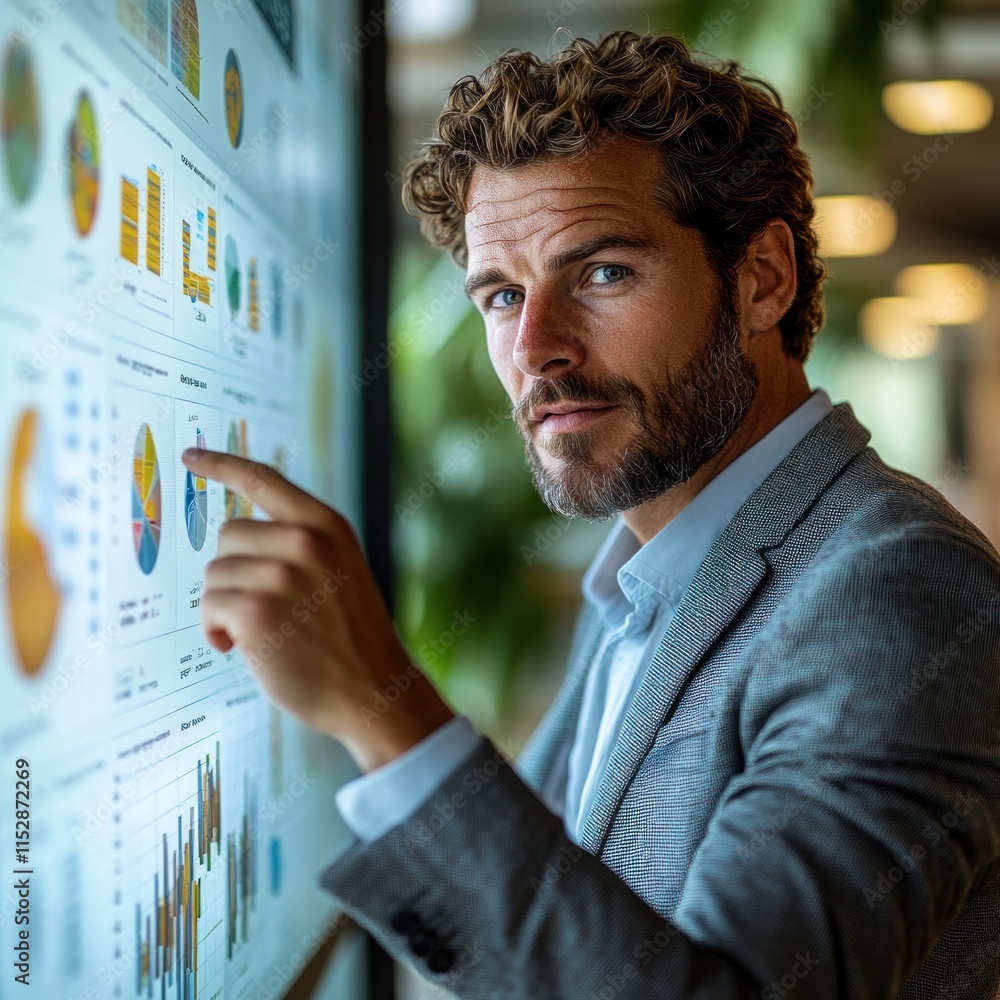 Poster businessman analyzing data on interactive display.