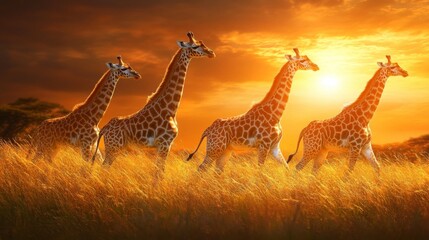 Obraz premium Majestic Giraffes Walking Gracefully Across a Golden Savanna at Sunset with Vibrant Colors Lighting the Scene in an African Landscape