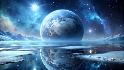 Fototapeta premium Shimmering Ice-Covered Planet with Starlight Reflection. Perfect for: Winter-Themed Events, Fantasy Gatherings, Sci-Fi Parties