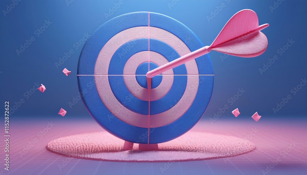 Poster a colorful dartboard with a dart embedded in it, set against a blue background, representing focus a
