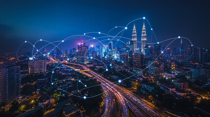 Fototapeta premium Smart digital city with connection cyber security network reciprocity over the cityscape . future smart wireless digital city and social media networking systems that connects people within the city