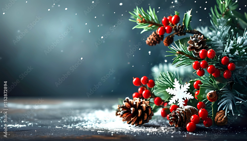 Fototapete Fir tree branches with Christmas decor on snowy background with space for text