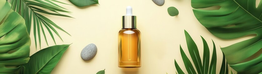 Serum bottle with tropical palm leaves and herbs, minimalist decoration with cartoon-style stones, skincare, serum, product photography, cartoon decor
