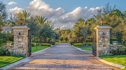 Sunlit Entrance to Upscale Gated Community with Stone Pillars and Iron Gates