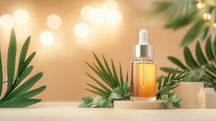 Skincare serum with palm leaves and herbs, cute cartoon decorations around the product, soft, warm lighting, serum, skincare, cartoon style, product display