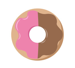 Top view at donut. Donut in chocolate and pink glaze. Dessert and delicacy. Homemade pastry and bakery. Unhealthy eating. Sweet food. Social media sticker. Flat vector illustration