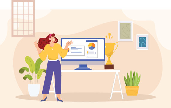 An illustration of a celebratory employee recognition award ceremony, featuring a group of professionals in a formal setting, with one employee receiving an award or trophy from a manager.