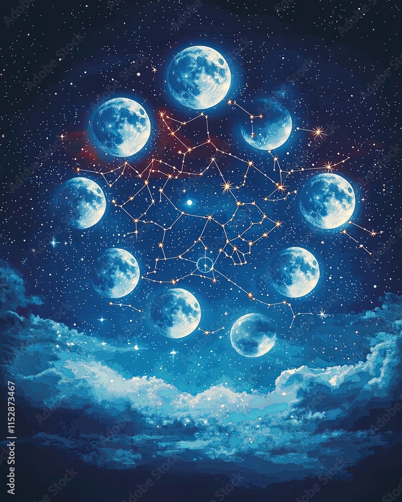 Poster a celestial scene featuring multiple moons interconnected by starry lines against a deep blue night 