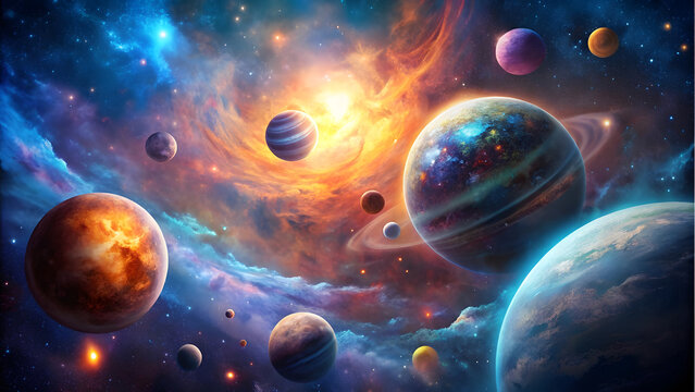 Unknown Galaxy Concept Art with Unique Planets. Perfect for: Space Art Shows, Sci-Fi Festivals, Astronomy Gatherings