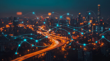 Naklejka premium Smart digital city with connection cyber security network reciprocity over the cityscape . future smart wireless digital city and social media networking systems that connects people within the city